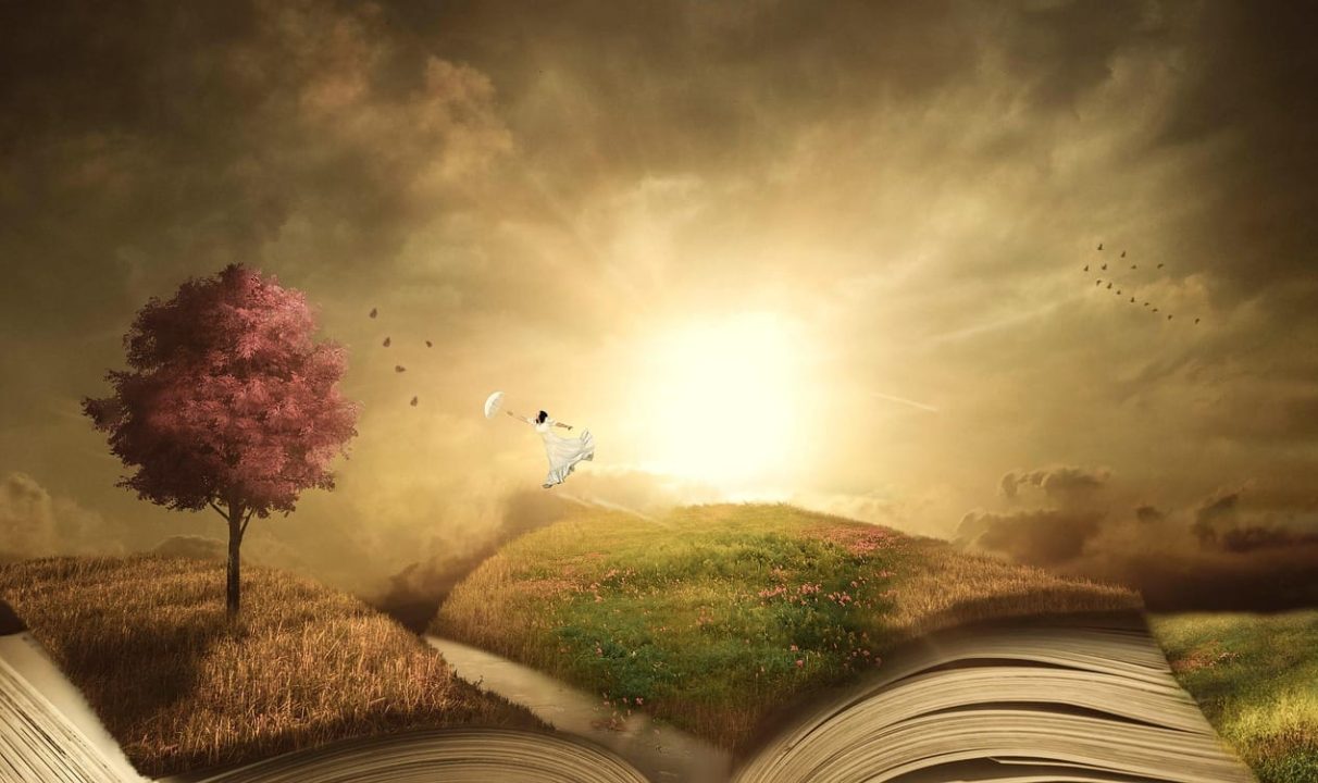 book, trees, pathway, nature, flying, dreamy, landscape, fantasy